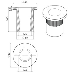 AISI304 nitovacia matica M6, plochá, rýhovaný driek, L-13mm AISI304 nitovacia matica M6, plochá, rýhovaný driek, L-13mm